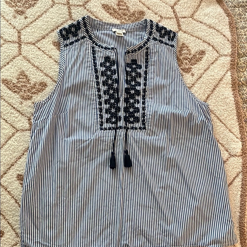 J Crew Striped Sleeveless Top with Embroidered Detail